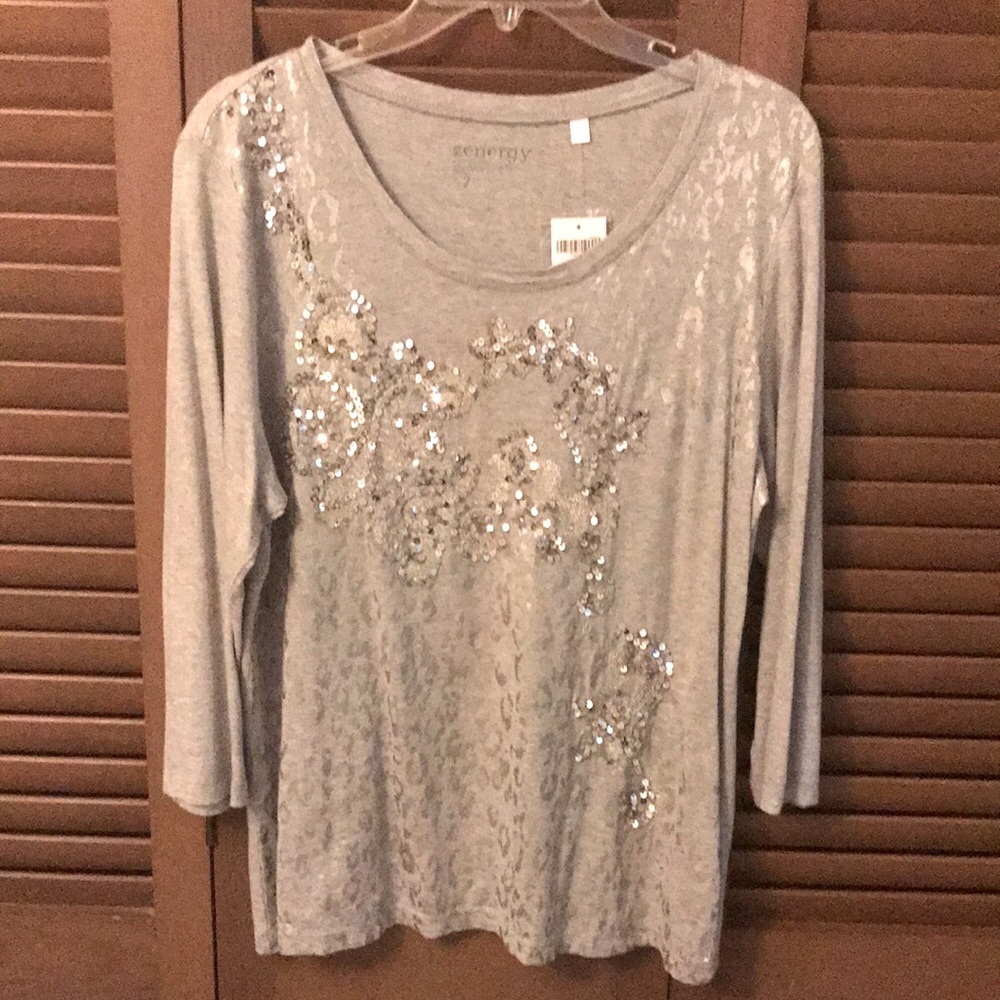 | NWT Chico’s Light Gray Sequin Knit Top…